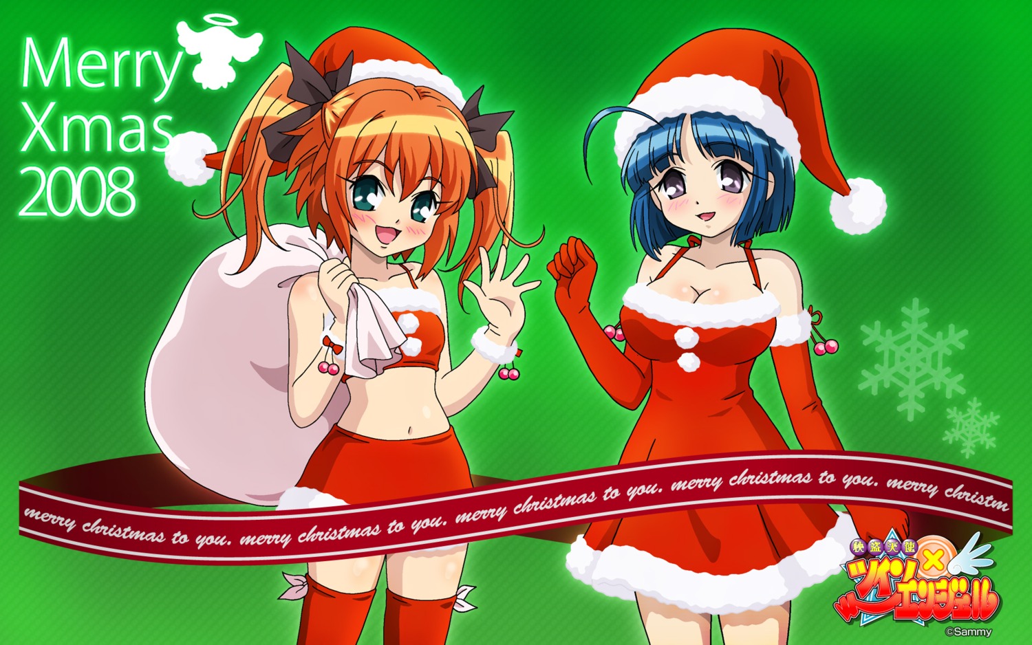 christmas, cleavage, dress, kaitou_tenshi_twin_angel, kannazuki_aoi, minnazuki_haruka, thighhighs, wallpaper