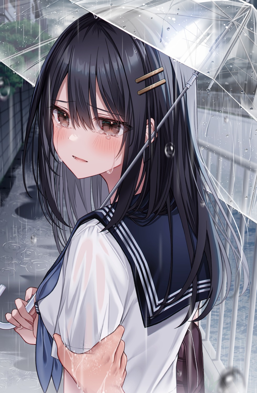 kuro_namako, see_through, seifuku, umbrella, wet, wet_clothes