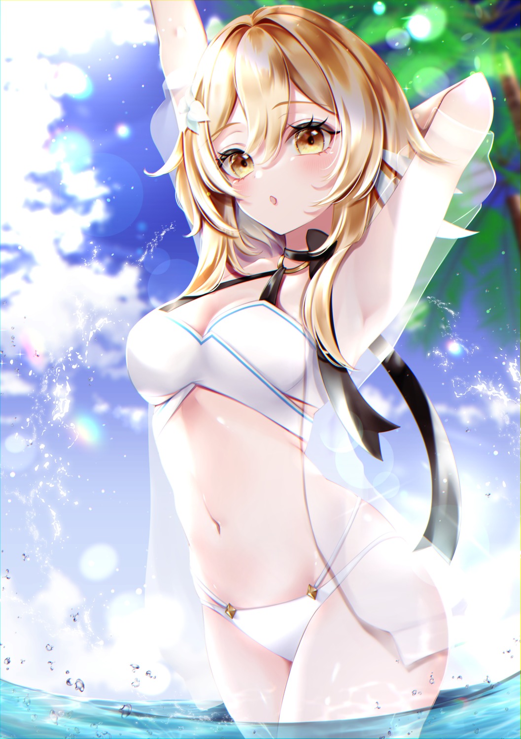 bikini, genshin_impact, lumine, mayu_(sh-n-9), open_shirt, see_through, swimsuits, wet