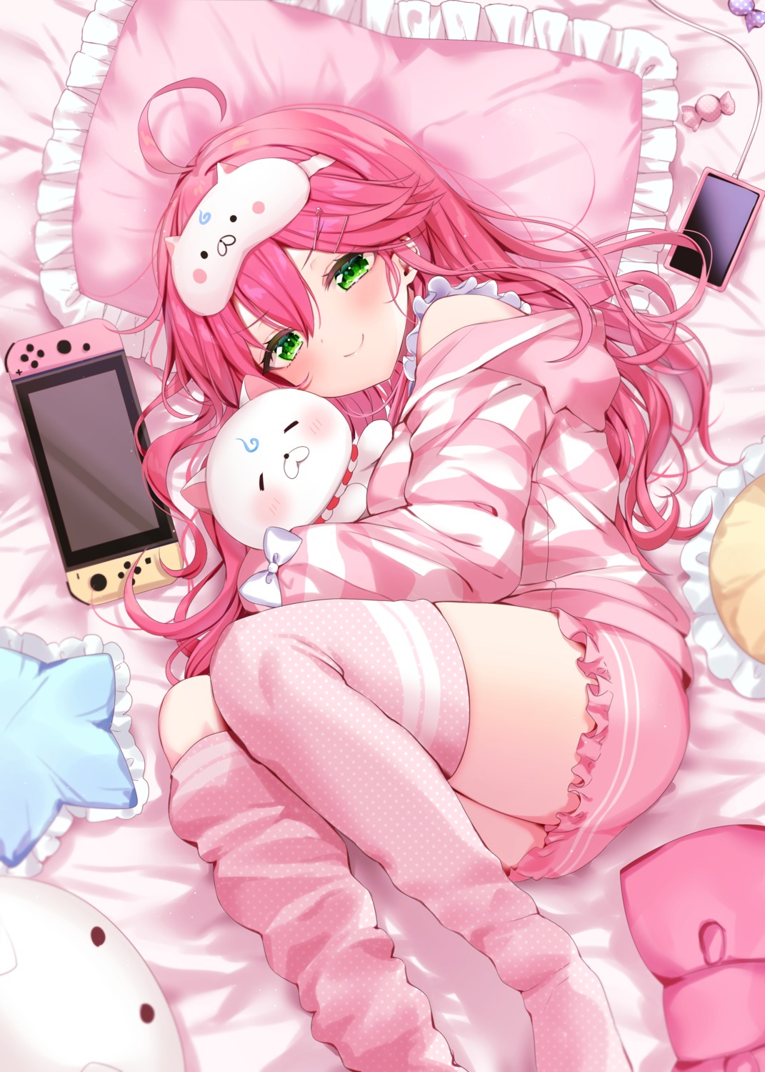 hololive, ineka, pajama, sakura_miko, thighhighs