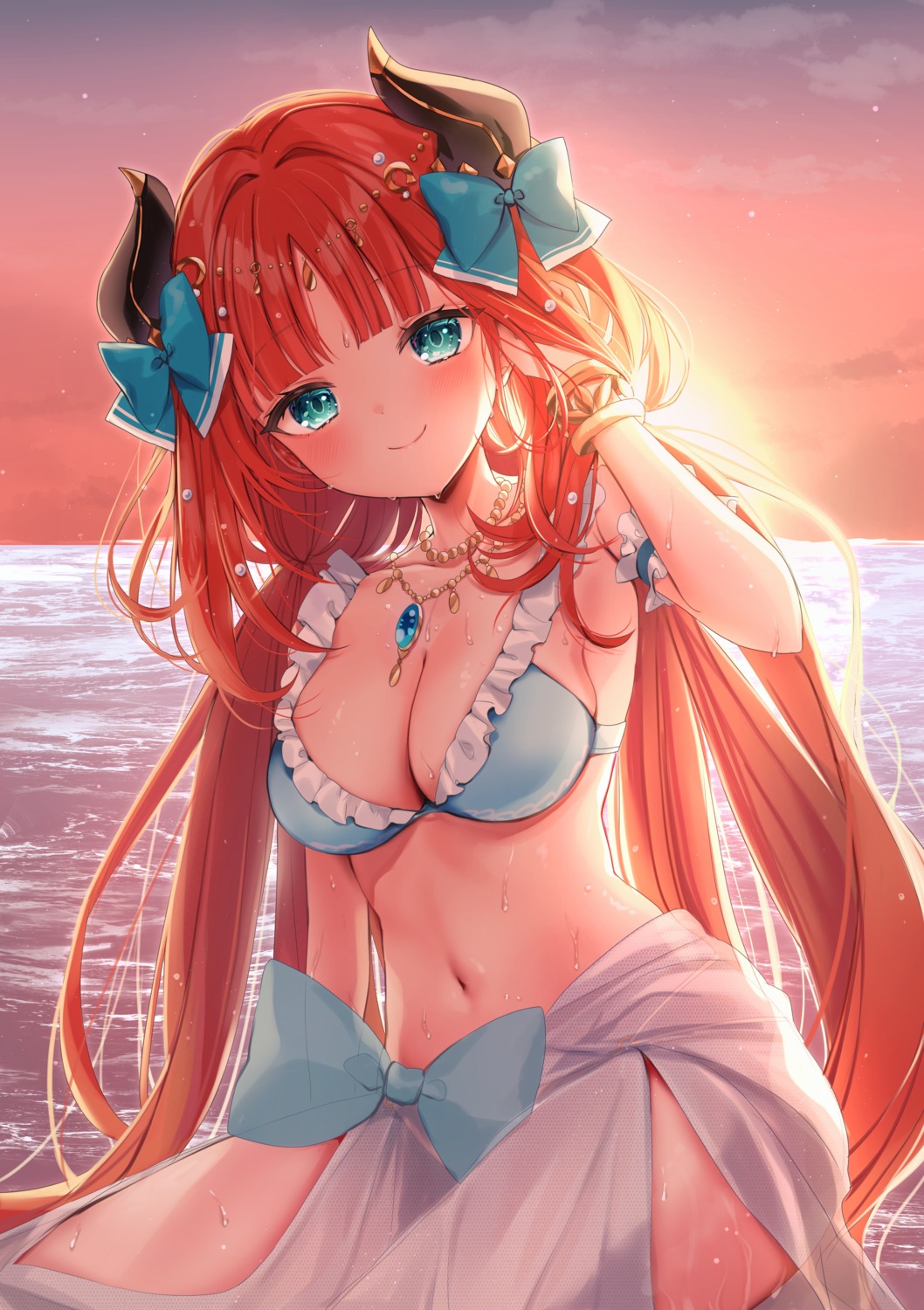 bikini, genshin_impact, horns, ineka, nilou, see_through, swimsuits, wet