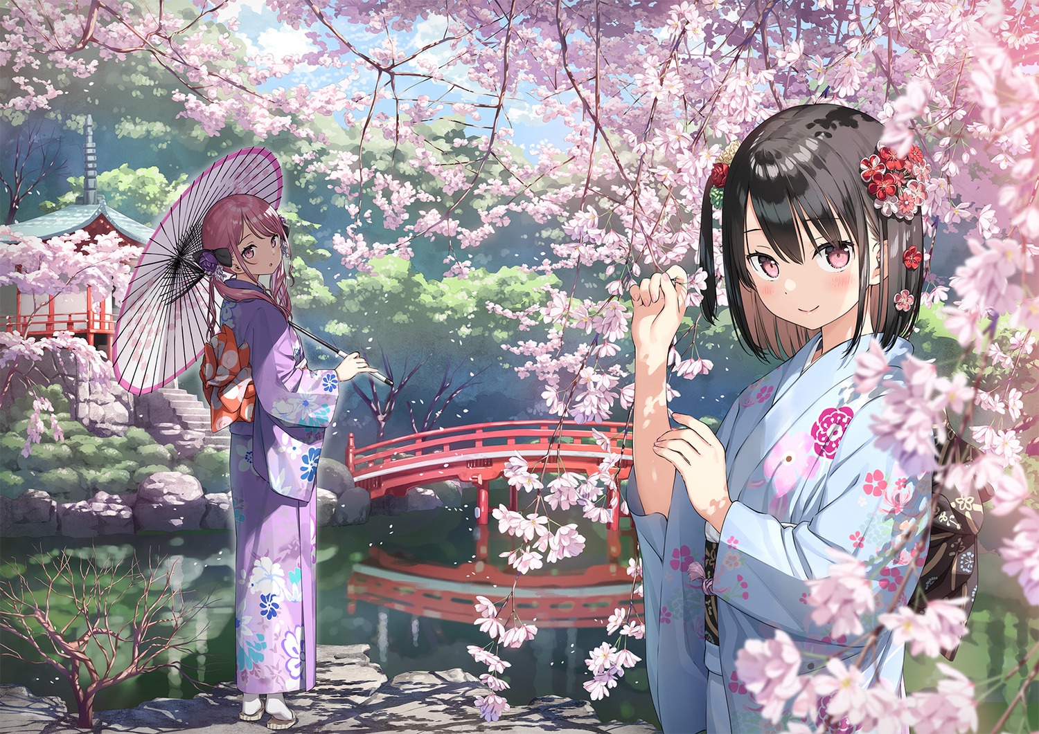 kantoku, kimono, kurumi_(kantoku), shizuku_(kantoku), umbrella