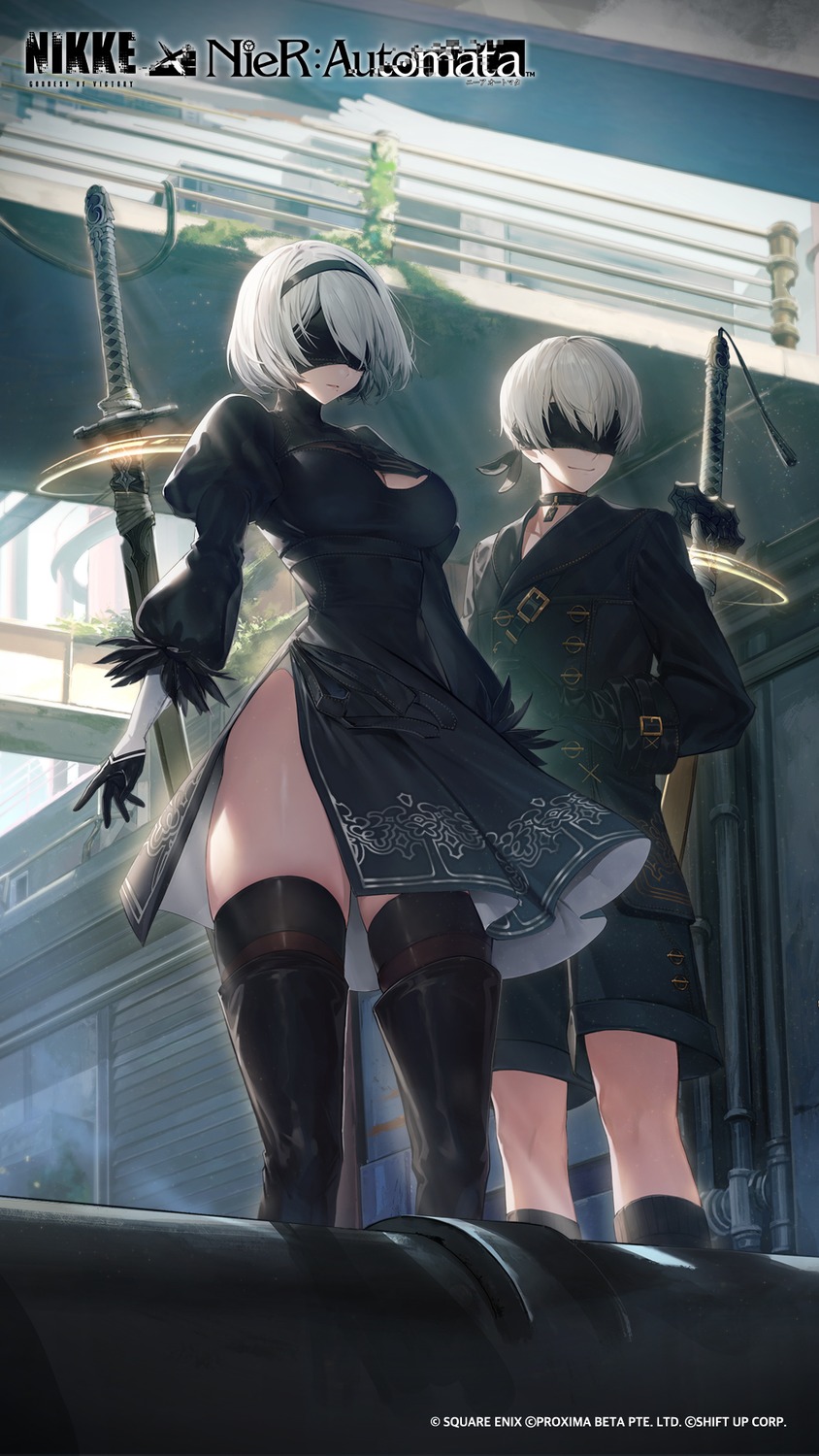 dress, goddess_of_victory:_nikke, nier, nier_automata, official_watermark, shift_up, skirt_lift, square_enix