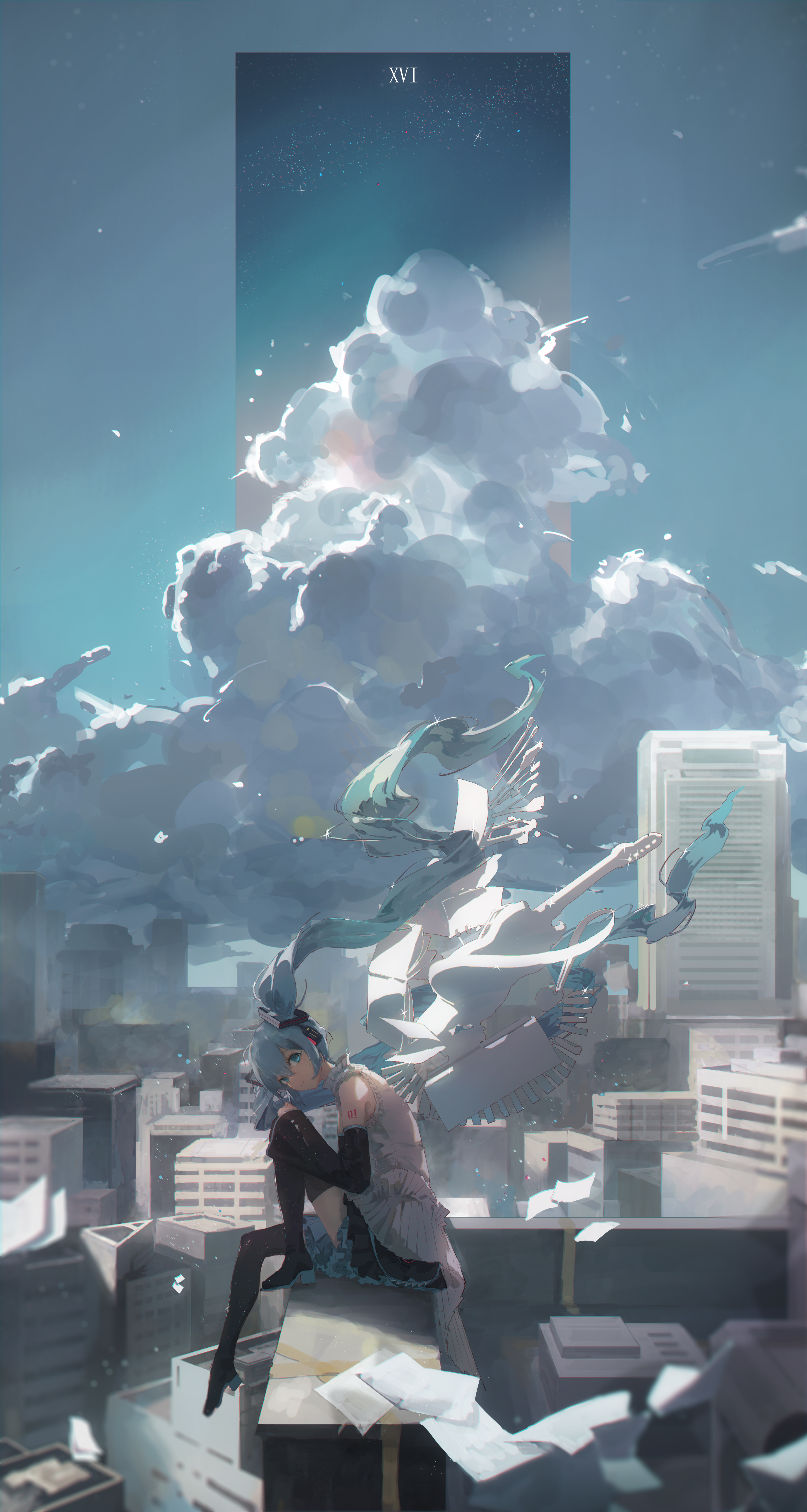 hatsune_miku, headphones, heels, landscape, rotarran, tattoo, thighhighs, vocaloid