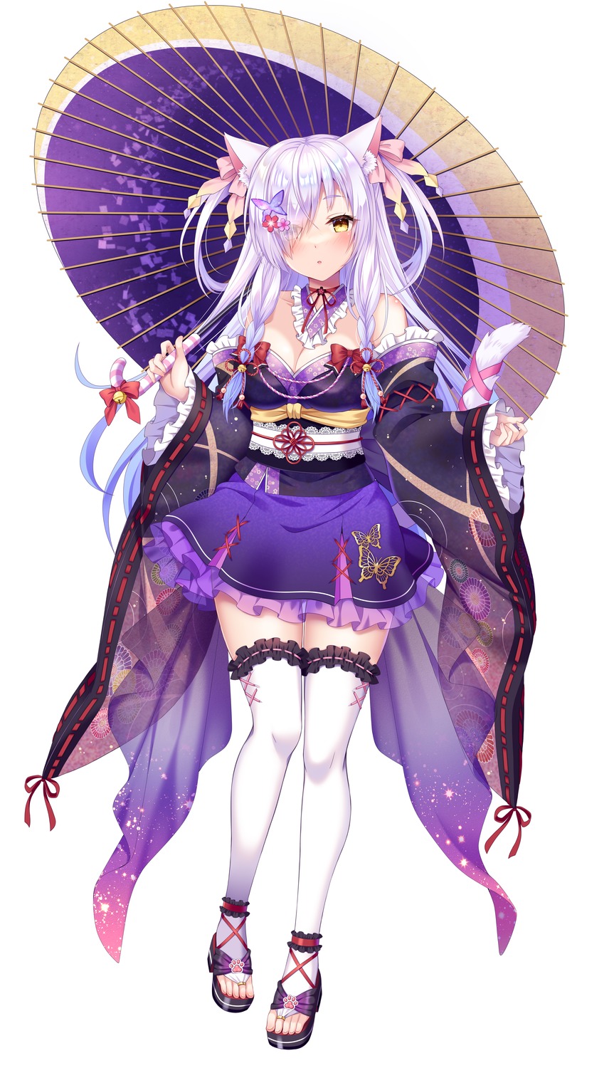 animal_ears, heterochromia, lolita_fashion, nekomimi, no_bra, open_shirt, suzumia_(daydream), tail