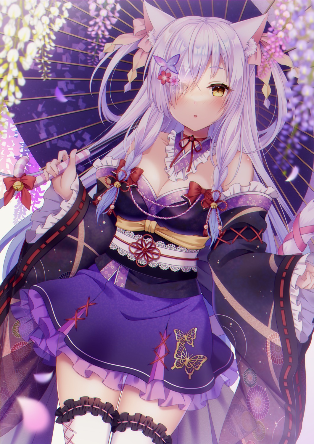 animal_ears, heterochromia, lolita_fashion, nekomimi, no_bra, open_shirt, suzumia_(daydream), tail