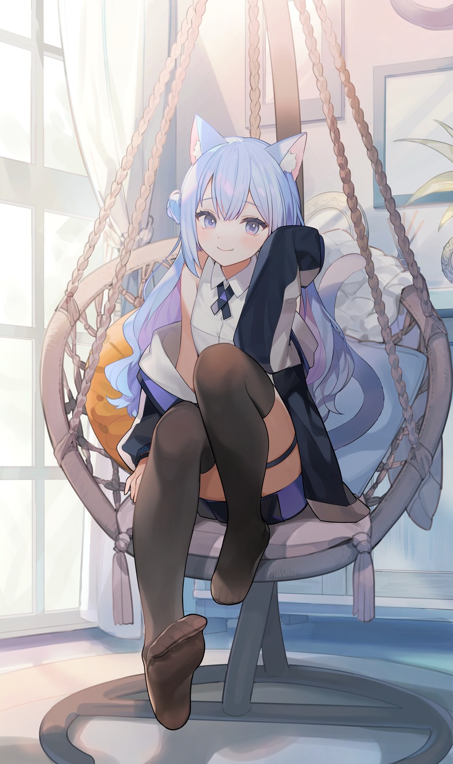 animal_ears, feet, garter, harune_noru, indie_virtual_youtuber, nekomimi, tail, thighhighs, tym_taro