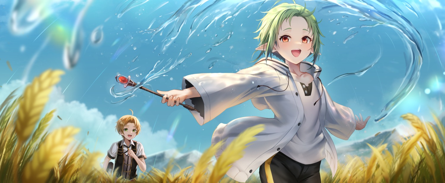 elf, landscape, moshi_imo, mushoku_tensei, pointy_ears, rudeus_greyrat, sylphiette, weapon