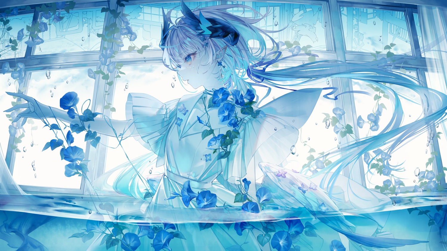aoi_neno, dress, indie_virtual_youtuber, pointy_ears, see_through, wallpaper, wet, wings, yoggi_(stretchmen)