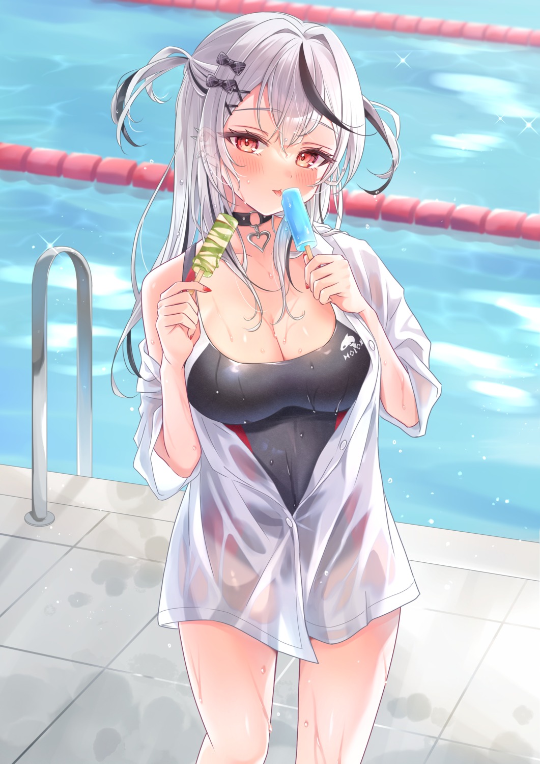 dress_shirt, hololive, null_illust, sakamata_chloe, see_through, swimsuits, wet_clothes