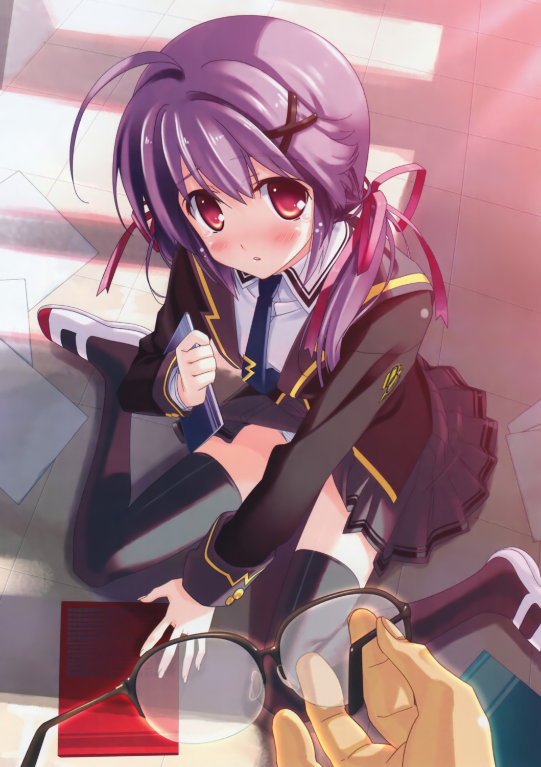 amakusa_tobari, megane, pantsu, seifuku, shimapan, thighhighs
