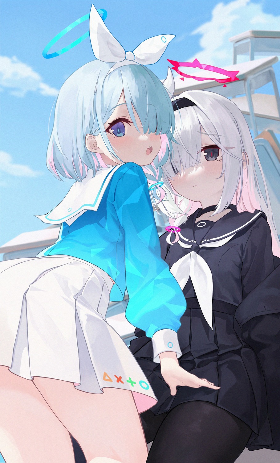 arona_(blue_archive), ass, blue_archive, halo, pantyhose, plana_(blue_archive), seifuku, shou_xun_bu_liang