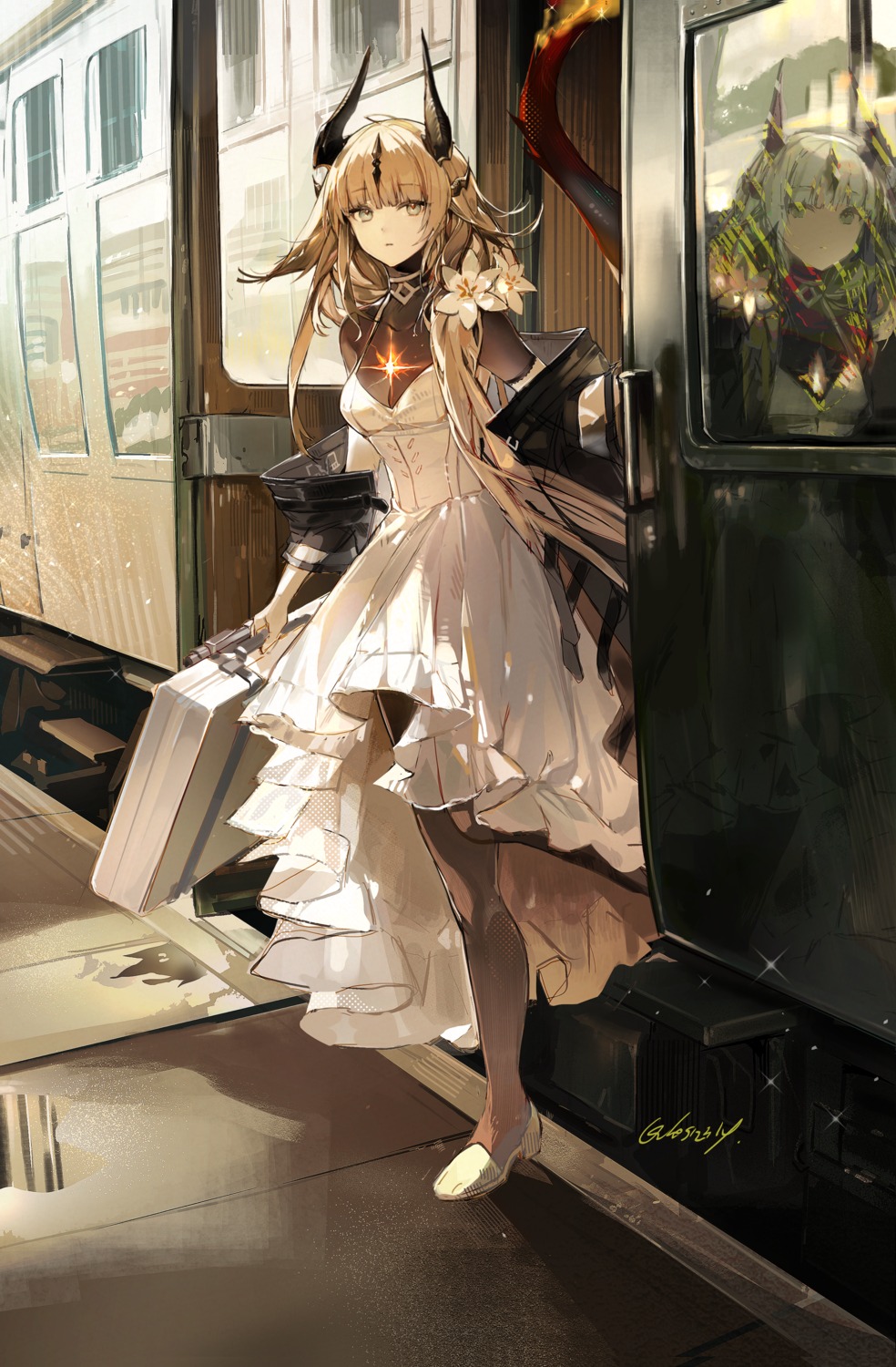 arknights, dress, horns, pantyhose, reed_(arknights), twice12314