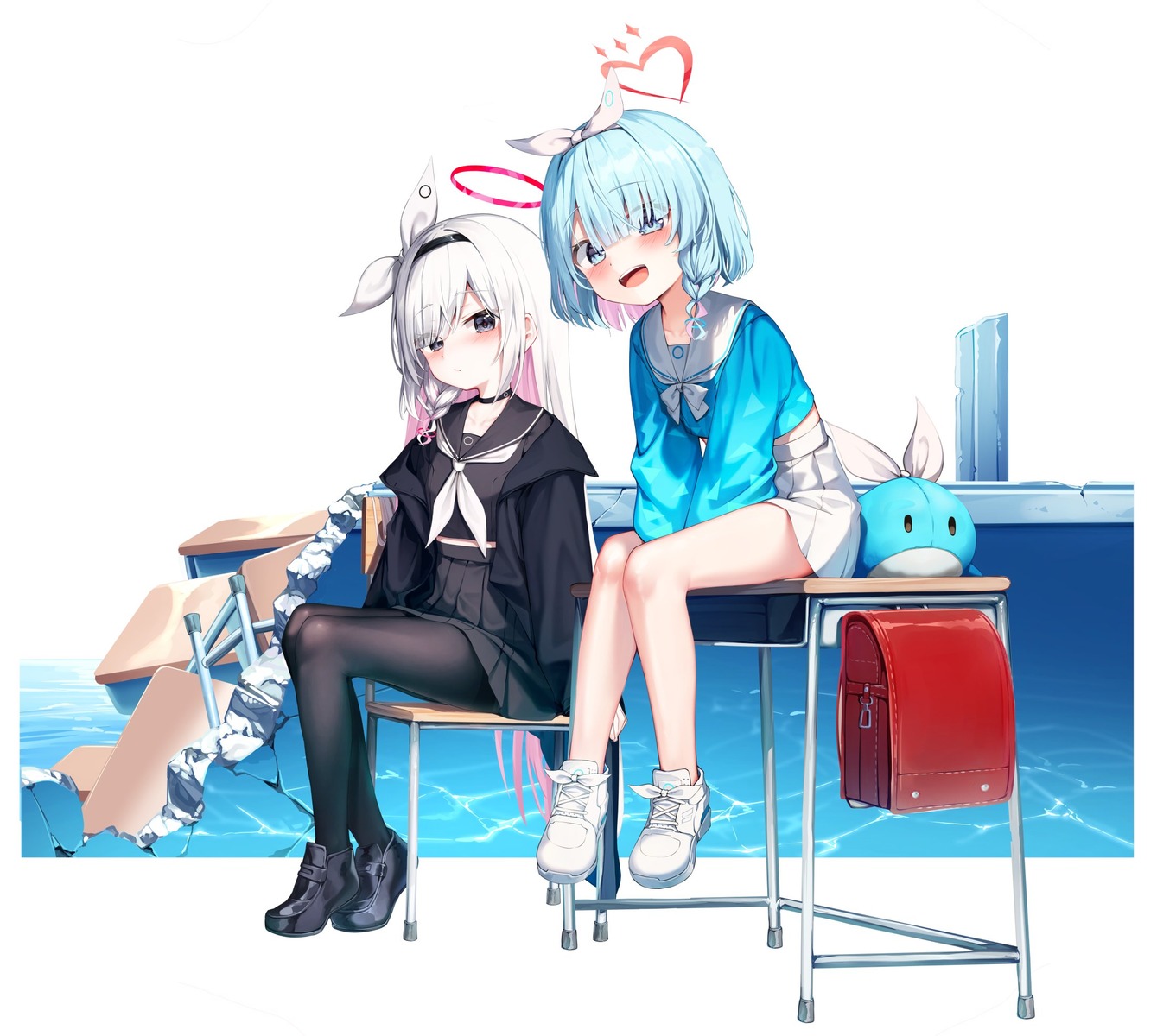 arona_(blue_archive), blue_archive, halo, mannack, pantyhose, plana_(blue_archive), seifuku