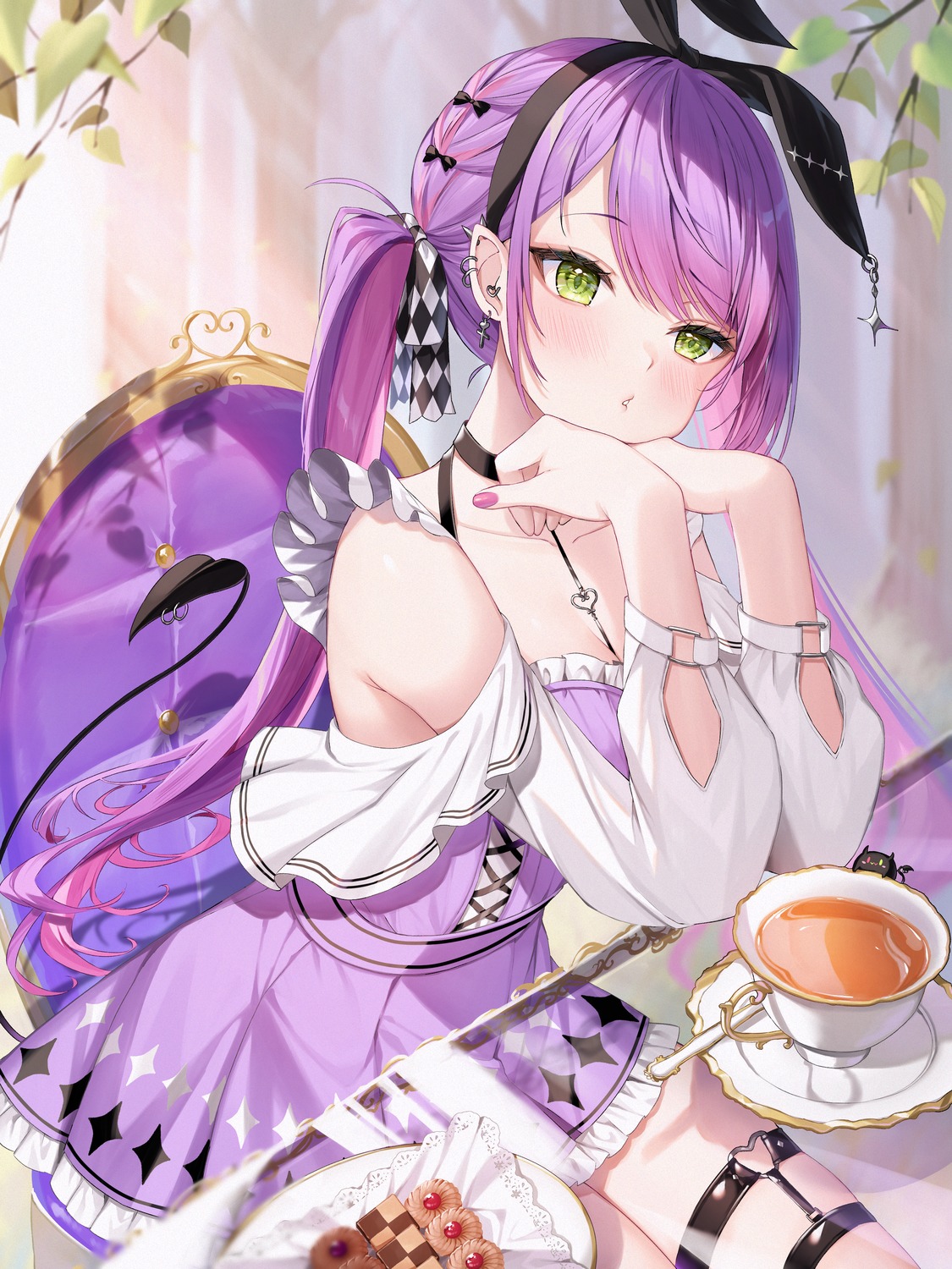dress, garter, hololive, no_bra, pointy_ears, runlan_0329, tail, tokoyami_towa