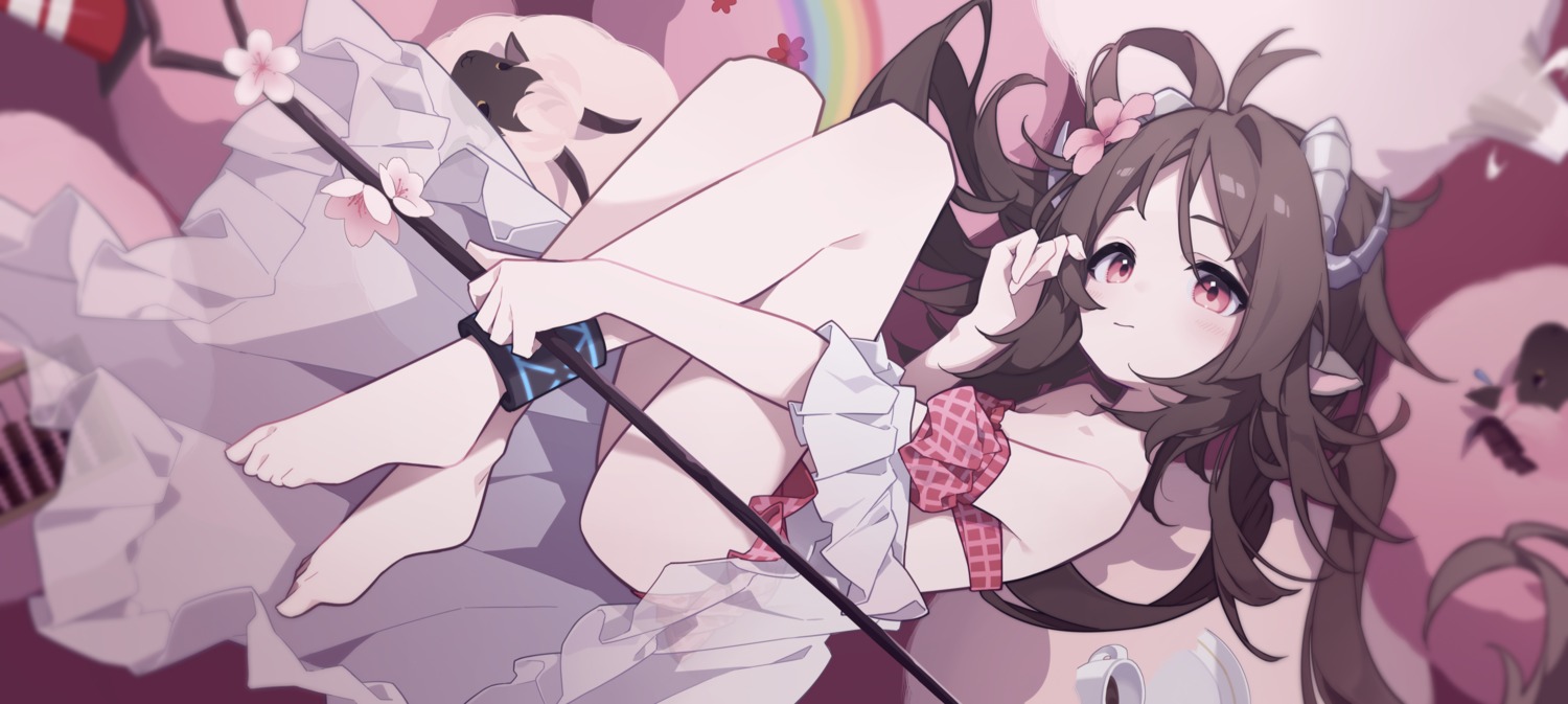 animal_ears, arknights, bikini, eyjafjalla_(arknights), horns, swimsuits, weapon, wenge_clone