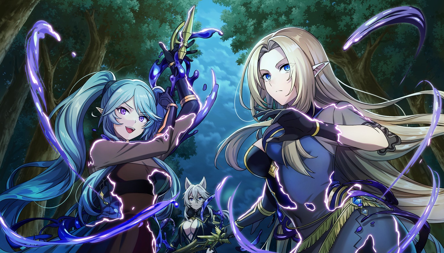 alpha_(kagejitsu), animal_ears, bodysuit, elf, epsilon_(kagejitsu), kage_no_jitsuryokusha_ni_naritakute!, pointy_ears, sword