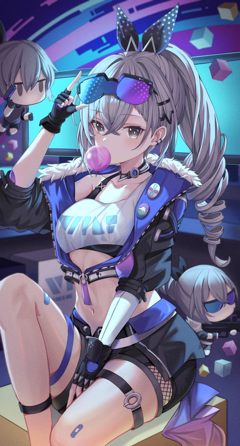 bandaid, chibi, fishnets, garter, honkai:_star_rail, mayo_9_5, megane, silver_wolf_(honkai:_star_rail)