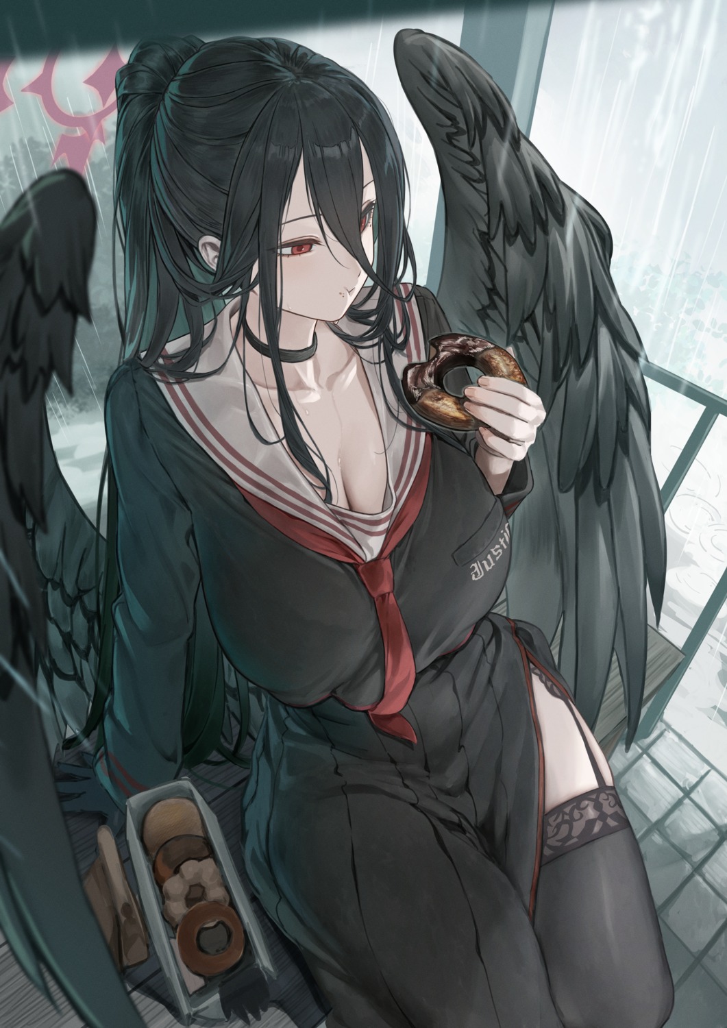 angel, blue_archive, cleavage, hanekawa_hasumi, marse_(rokudaime), seifuku, stockings, thighhighs