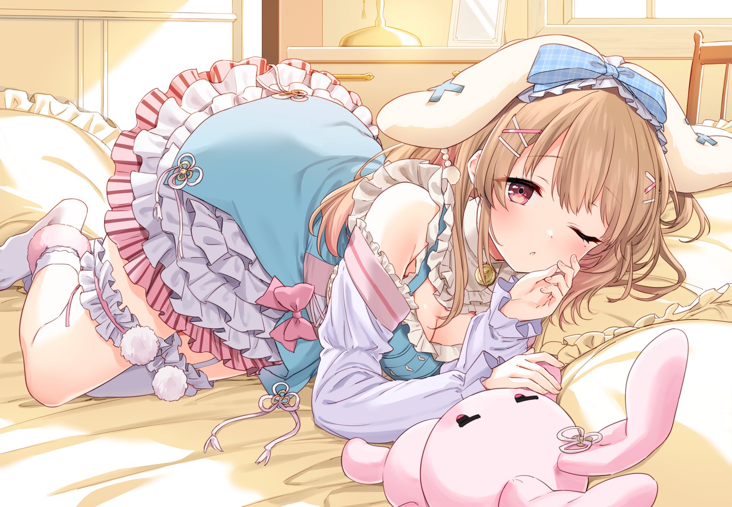 animal_ears, ayaginu_temari, bunny_ears, cleavage, dress, garter, isekai_tensei_shite_v_ni_narimashita, stockings, thighhighs, umeyuki