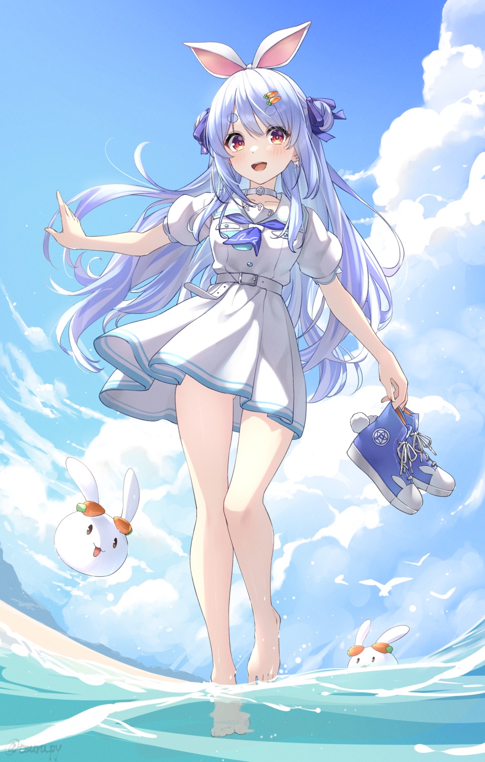 animal_ears, bunny_ears, hololive, seifuku, tsurupy, usada_pekora, wet