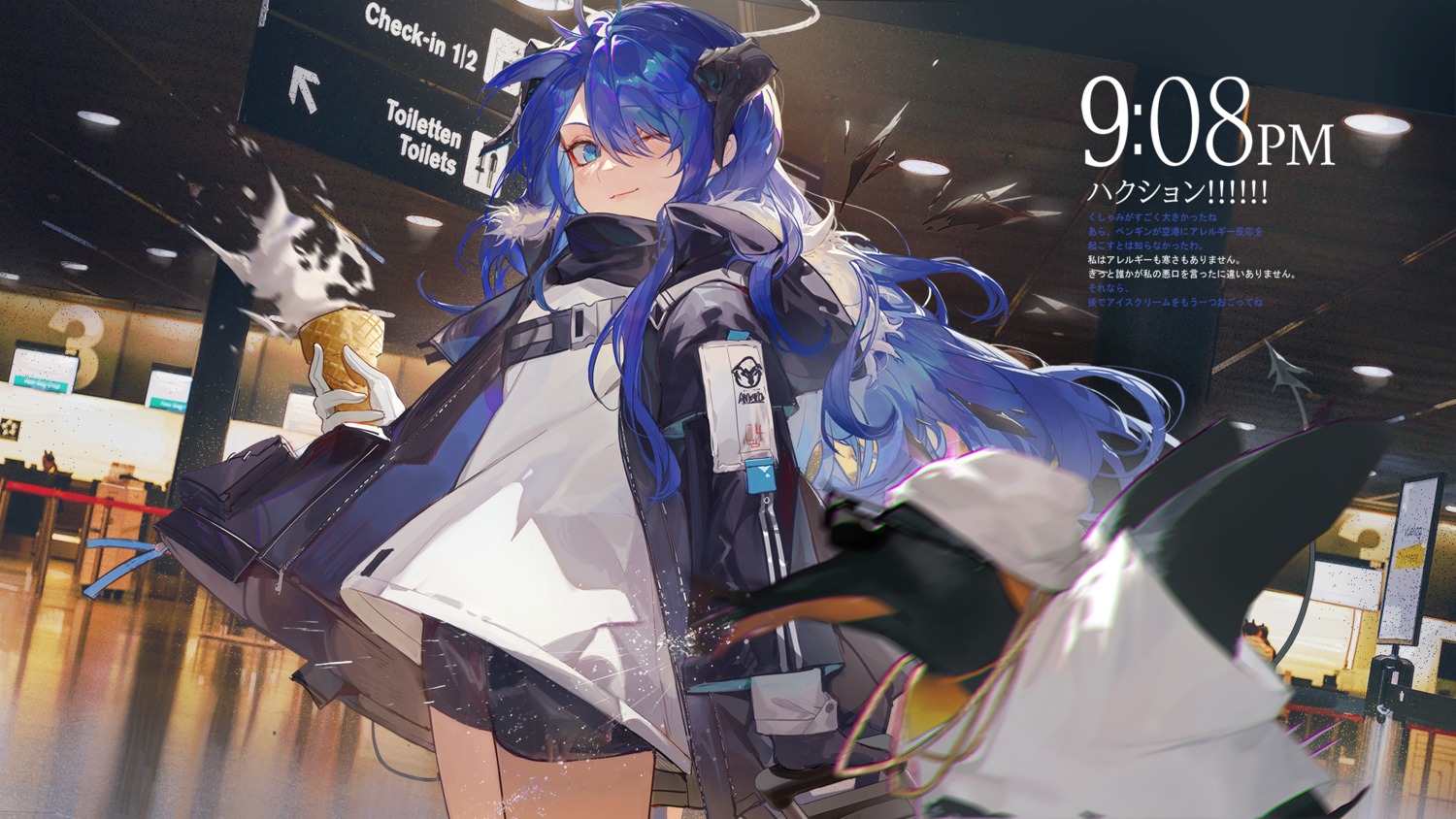 angel, arknights, bike_shorts, horns, kuroduki_(pieat), megane, mostima_(arknights), penguin