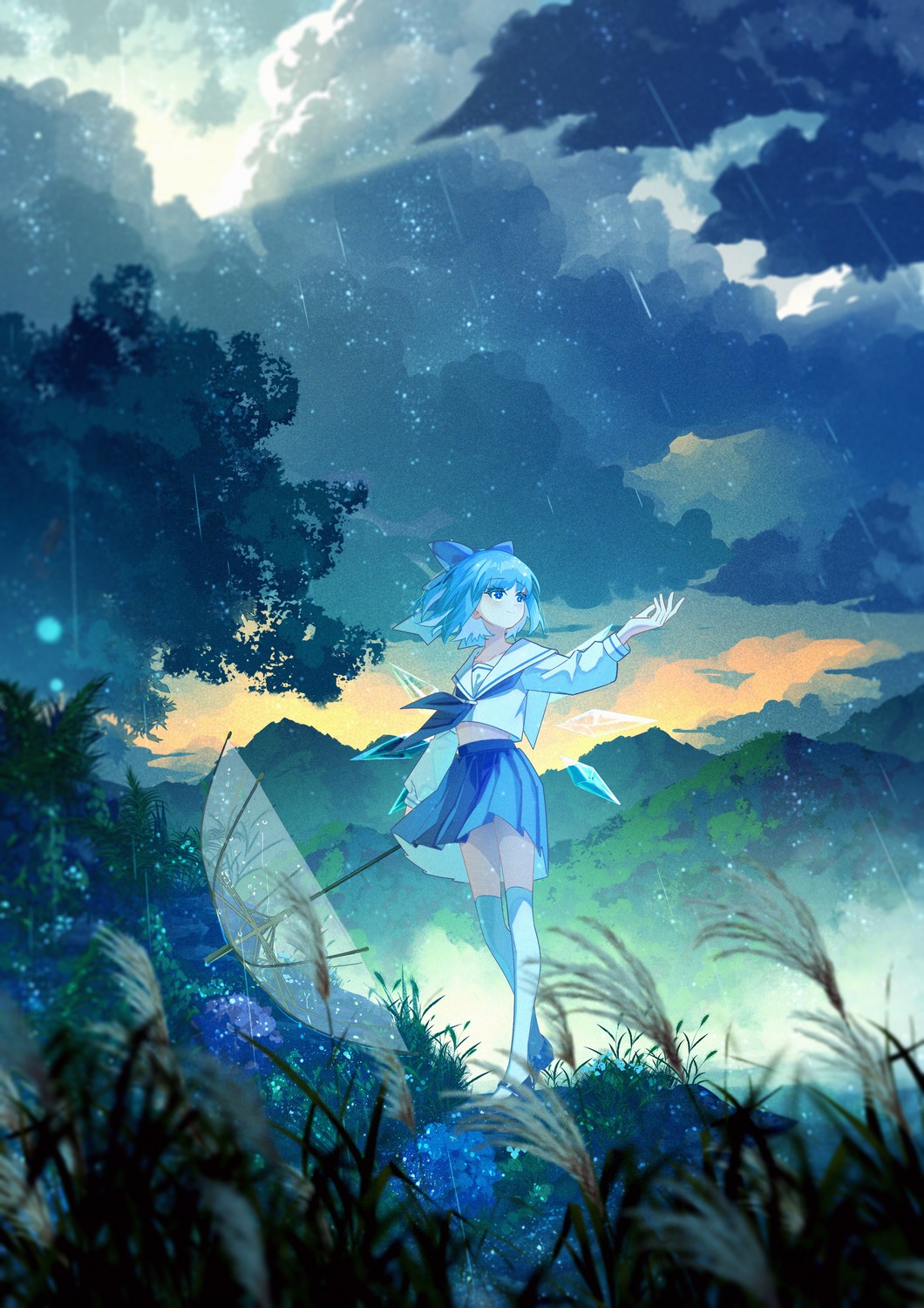 cirno, jiege, seifuku, thighhighs, touhou, umbrella, wings