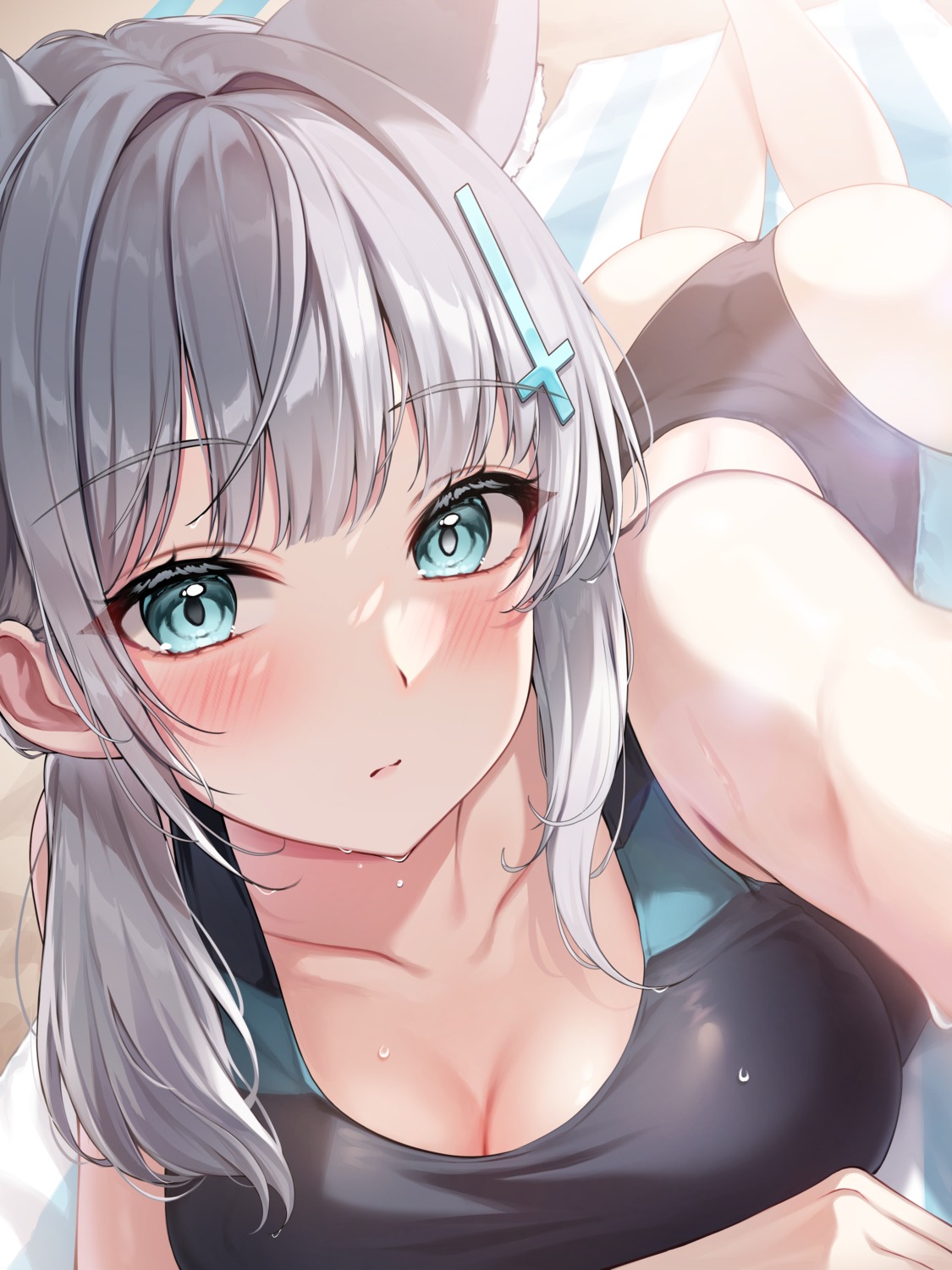 animal_ears, blue_archive, cleavage, halo, kuca_(ku_ca18), nekomimi, selfie, sunaookami_shiroko