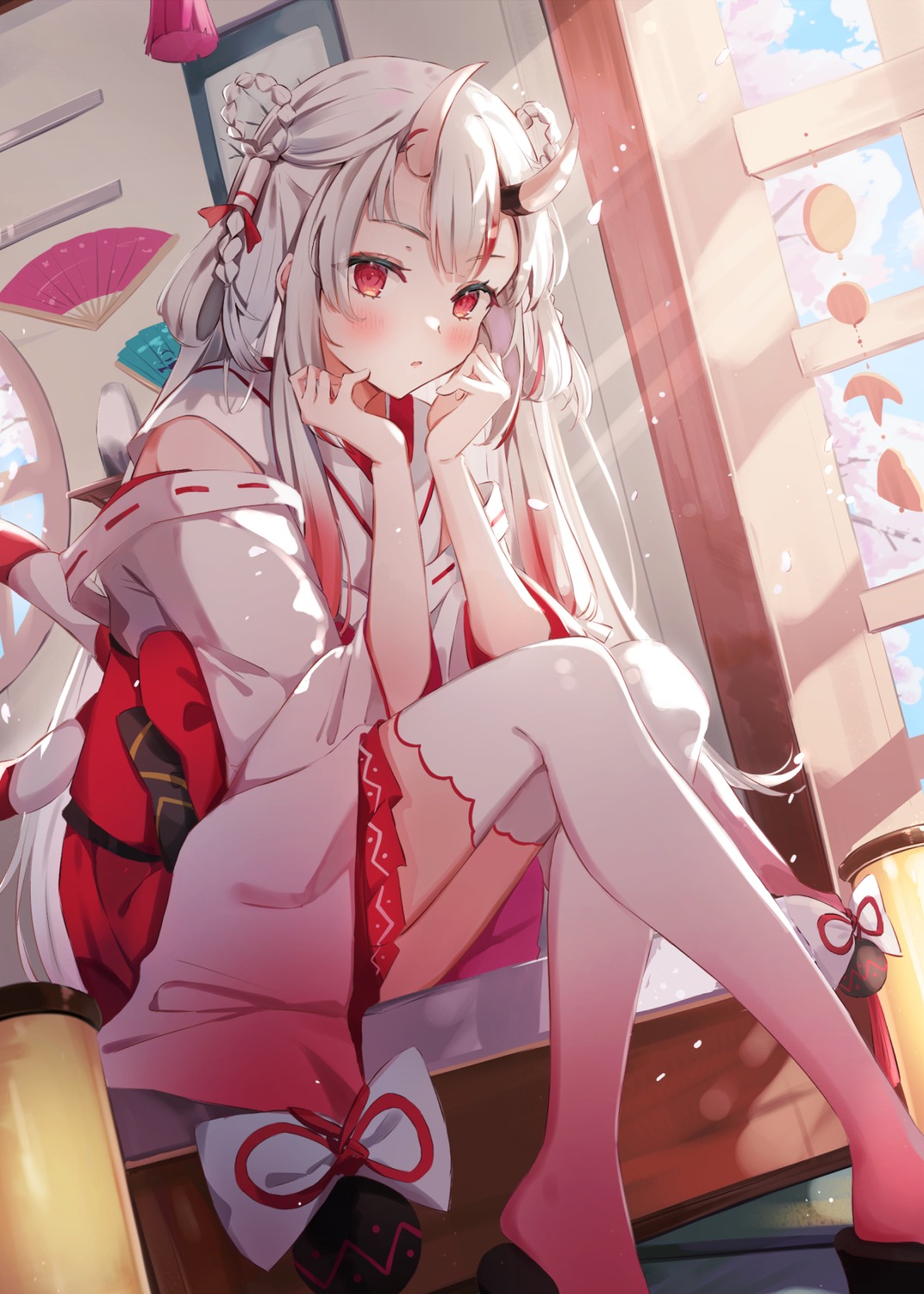 hololive, horns, japanese_clothes, miakiuehashi, miko, nakiri_ayame, thighhighs