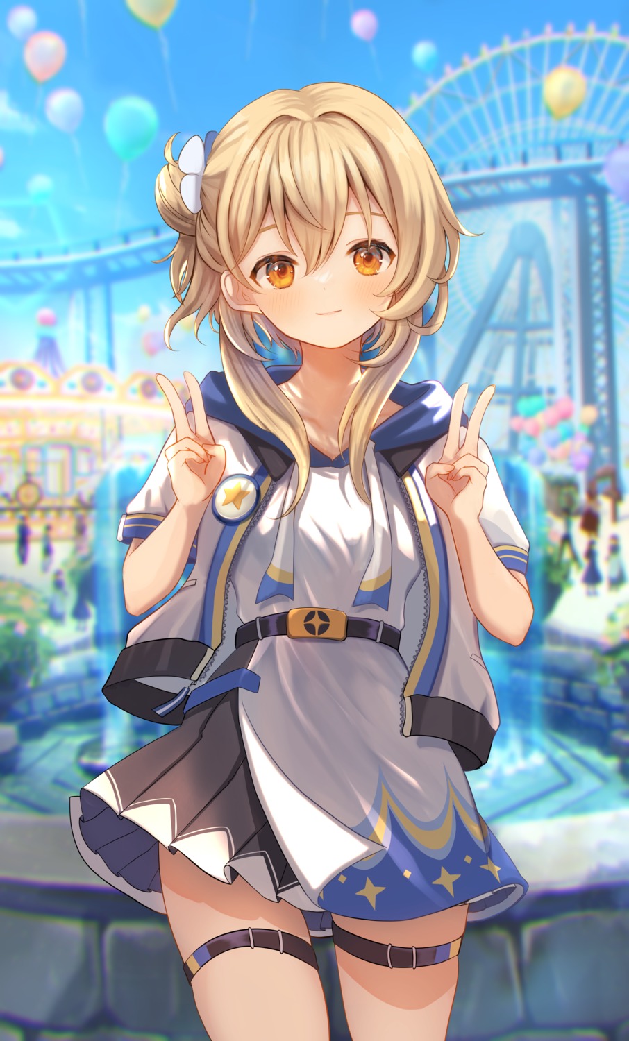 garter, genshin_impact, lumine, marekamico, skirt_lift