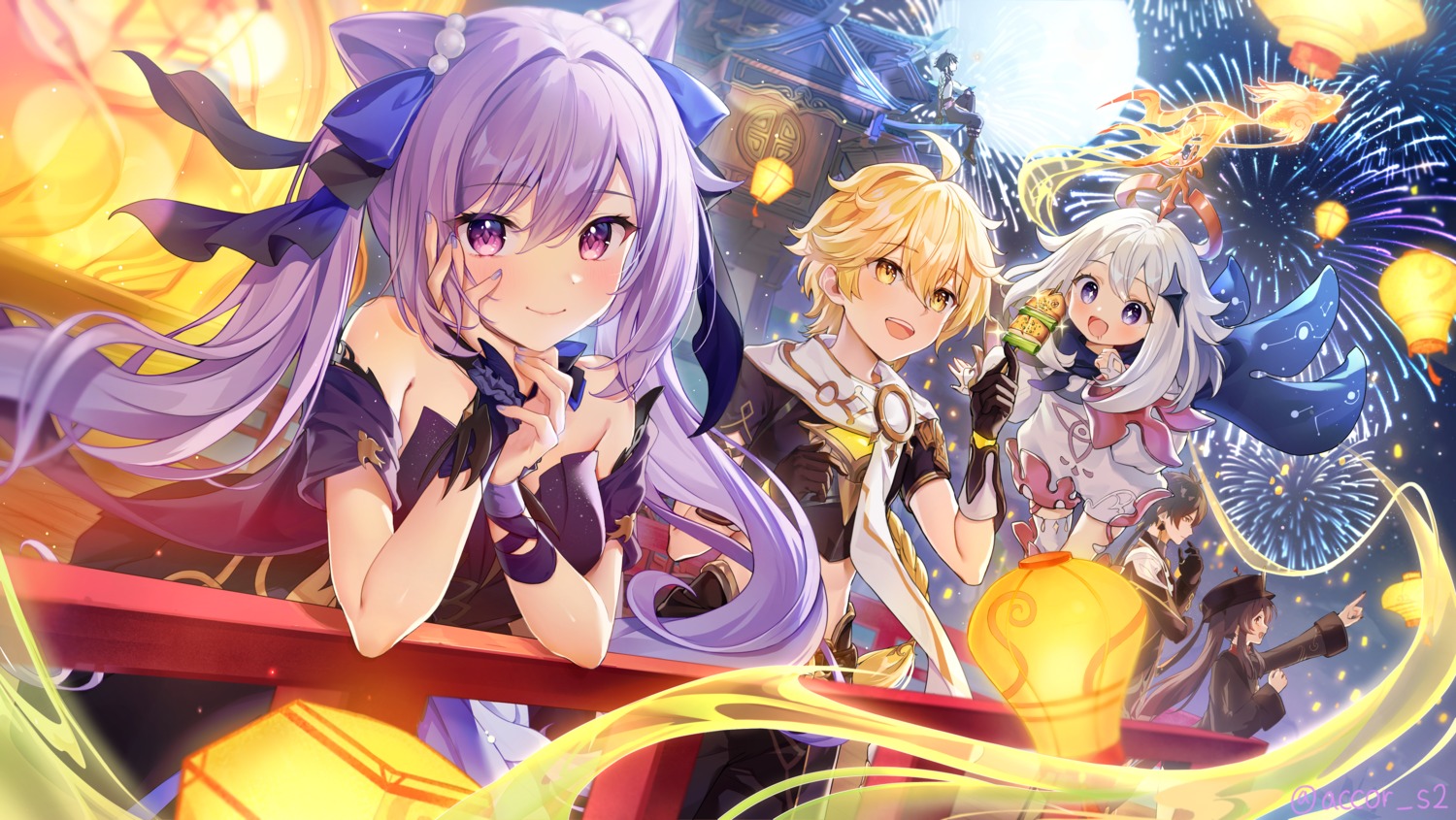 acco_(sh_in), aether, asian_clothes, genshin_impact, hu_tao, keqing, no_bra, paimon, thighhighs, xiao, zhongli