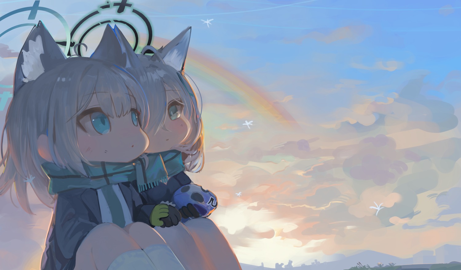 animal_ears, blue_archive, chibi, dokomon, halo, nekomimi, seifuku, sunaookami_shiroko