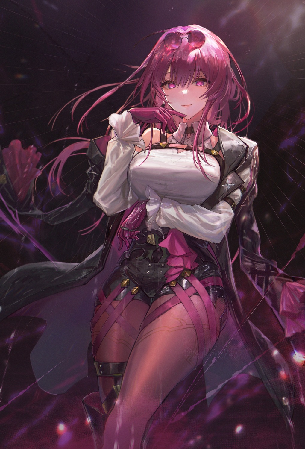 garter, honkai:_star_rail, juukyuuhyaku_(tsukuwo243), kafka_(honkai:_star_rail), megane, pantyhose, thighhighs