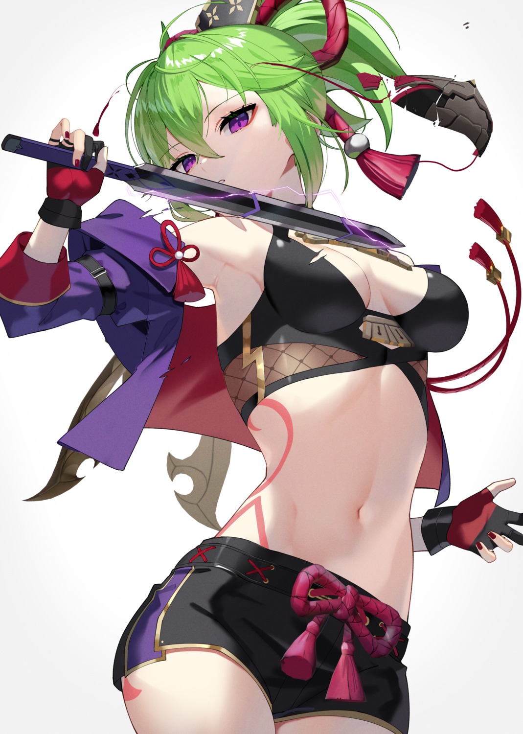 fishnets, genshin_impact, kuki_shinobu, no_bra, scottie, tattoo, weapon