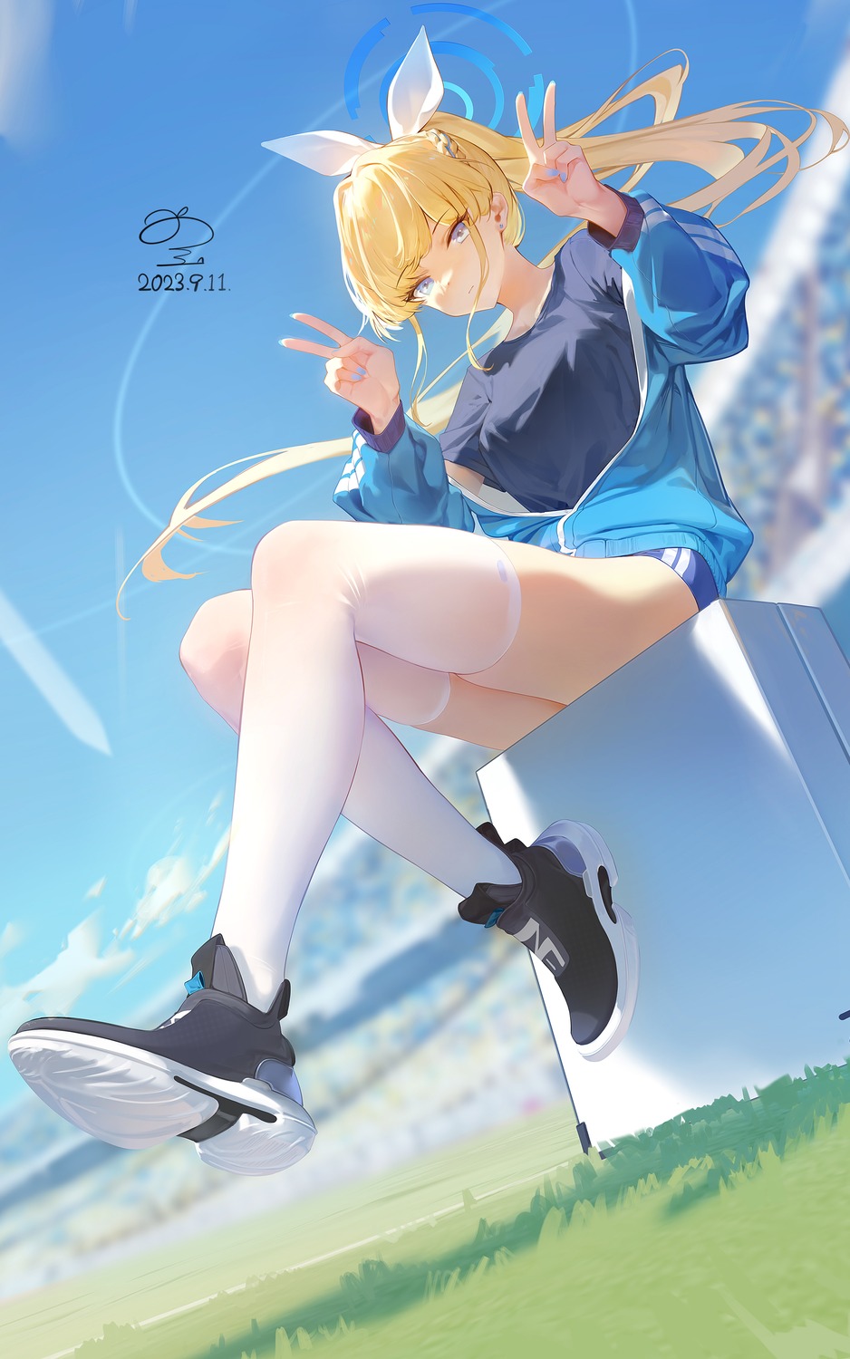 asuma_toki, blue_archive, buruma, gym_uniform, halo, ribao, thighhighs