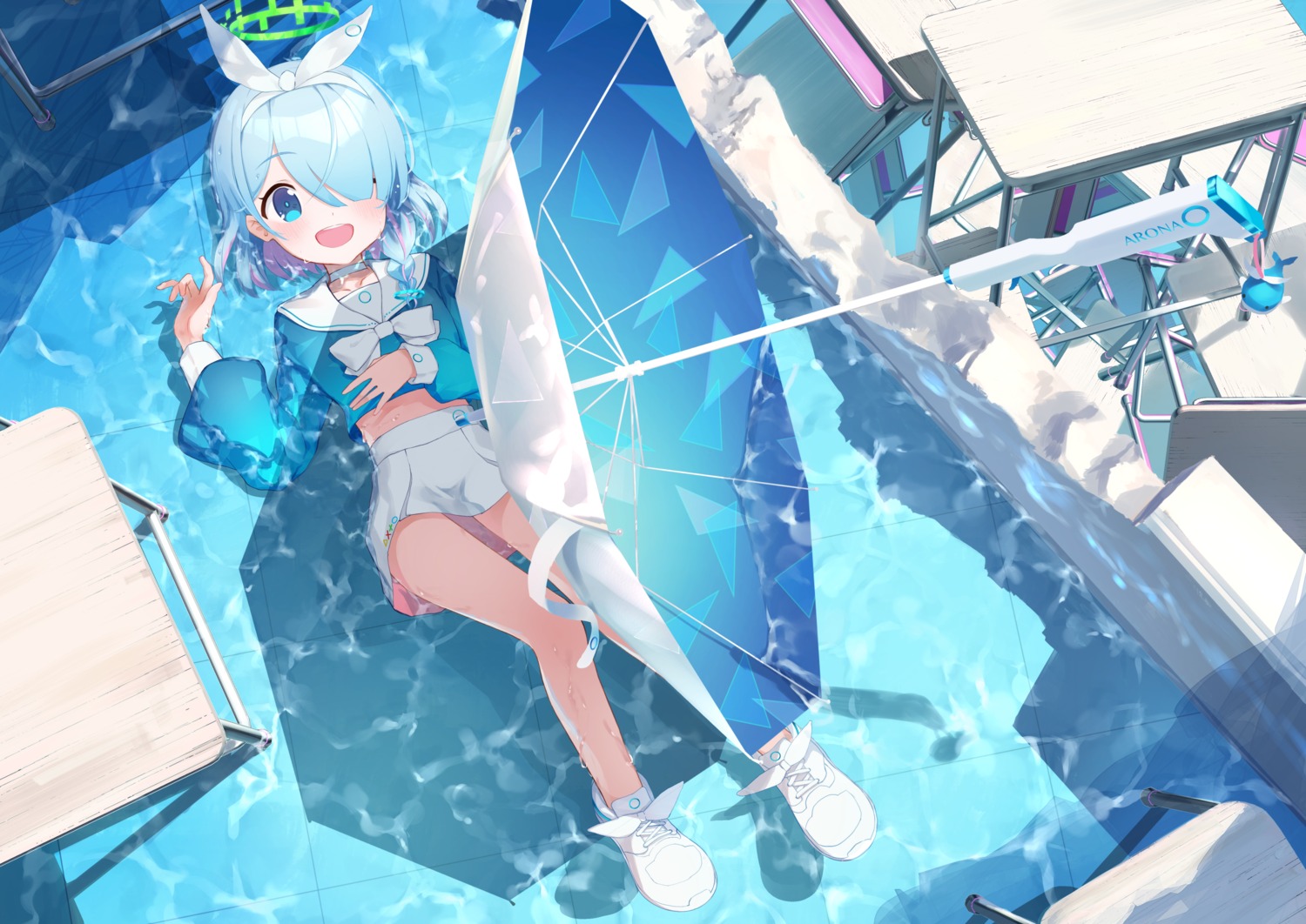 arona_(blue_archive), blue_archive, gun, halo, koika, seifuku, umbrella, wet