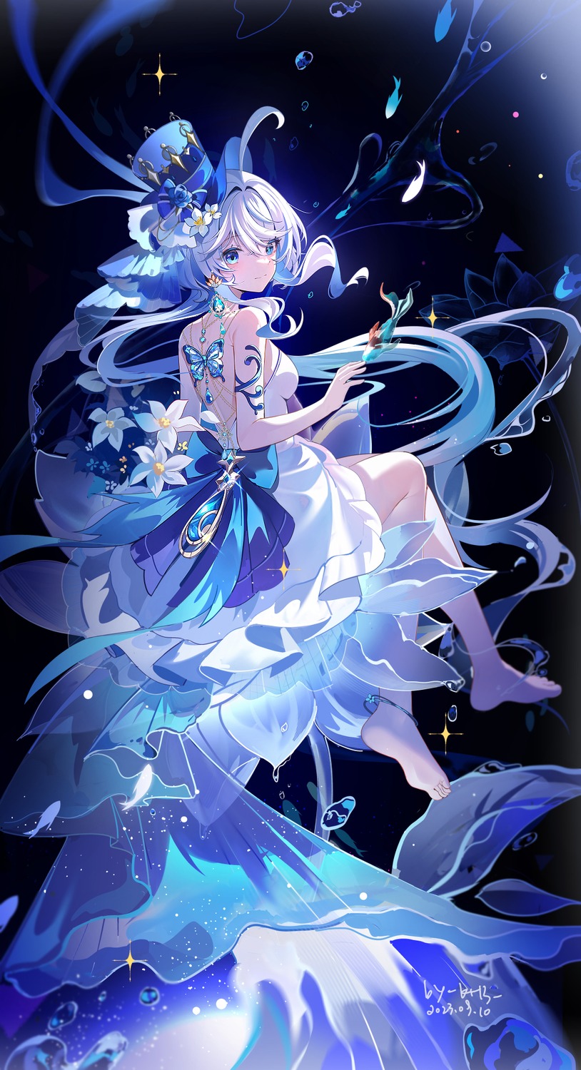 dress, furina, genshin_impact, heterochromia, miaogujun, no_bra