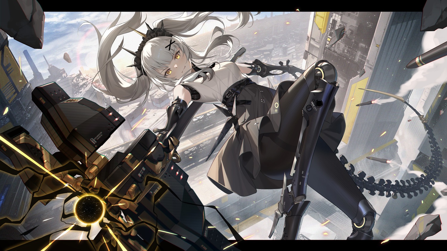 cc_xiaotintin, heels, karenina_(punishing:_gray_raven), mecha_musume, pantyhose, punishing:_gray_raven, skirt_lift, weapon
