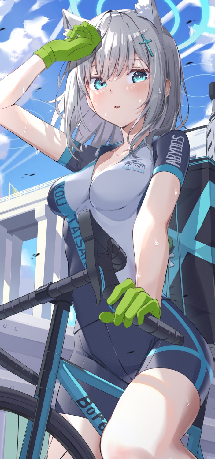 animal_ears, bike_shorts, blue_archive, halo, nekomimi, ringopan, sunaookami_shiroko, wet