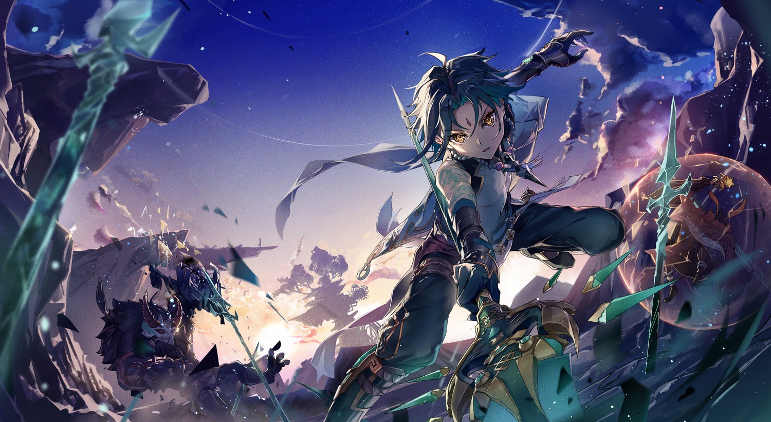 asian_clothes, genshin_impact, ichinose_satsuki, male, monster, tattoo, weapon, xiao