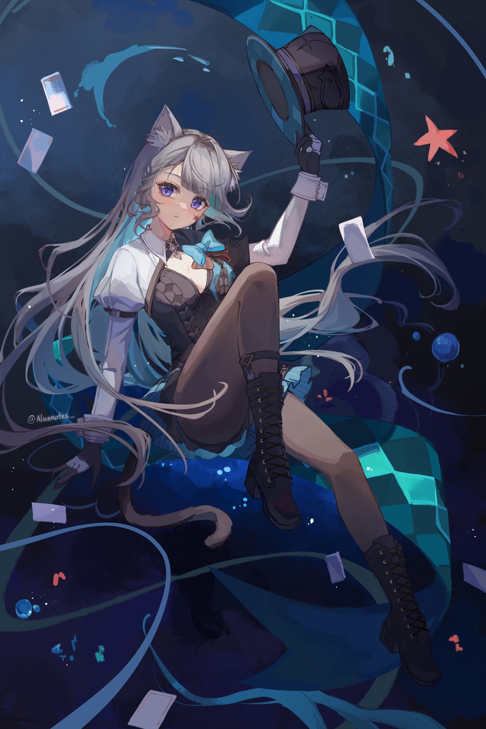 animal_ears, genshin_impact, heels, lixiang_guo_alice, lynette, nekomimi, no_bra, pantyhose, tail, tattoo