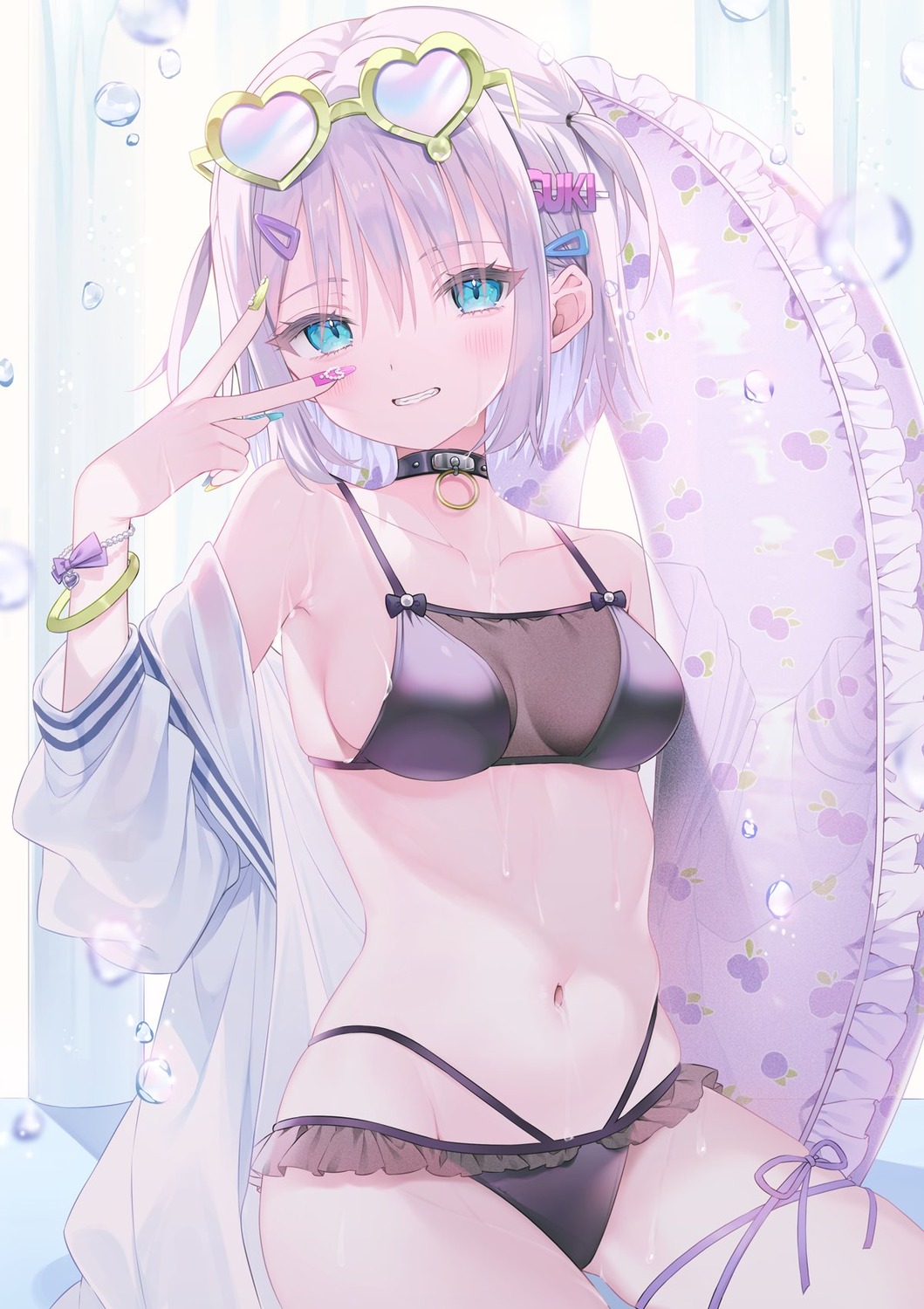 bikini, garter, megane, mnimni, open_shirt, see_through, swimsuits, wet