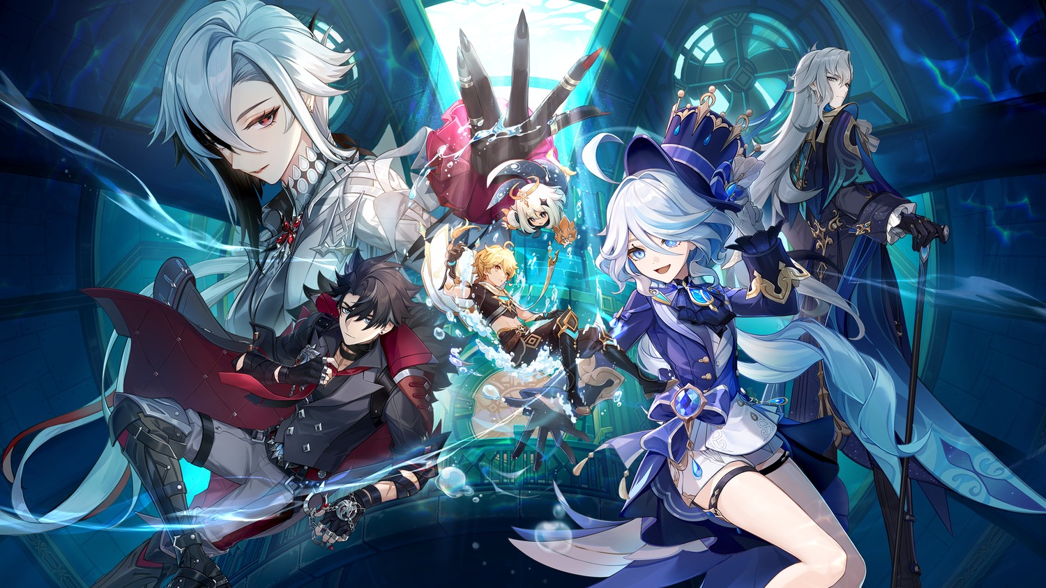 aether, arlecchino, armor, furina, garter, genshin_impact, heterochromia, neuvillette, paimon, tagme, wallpaper, wriothesley