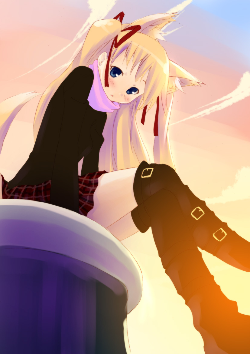 kitsune, tail, thighhighs, wadapen