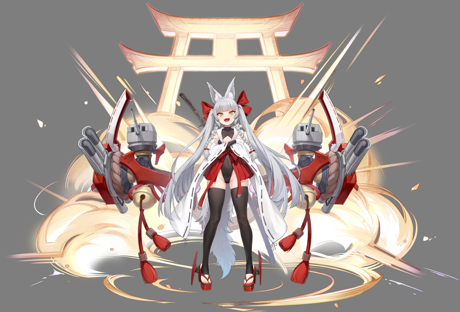 asanagi, asanagi_(azur_lane), azur_lane, gun, heels, kitsune, leotard, miko, nopan, sword, tail, thighhighs, transparent_png