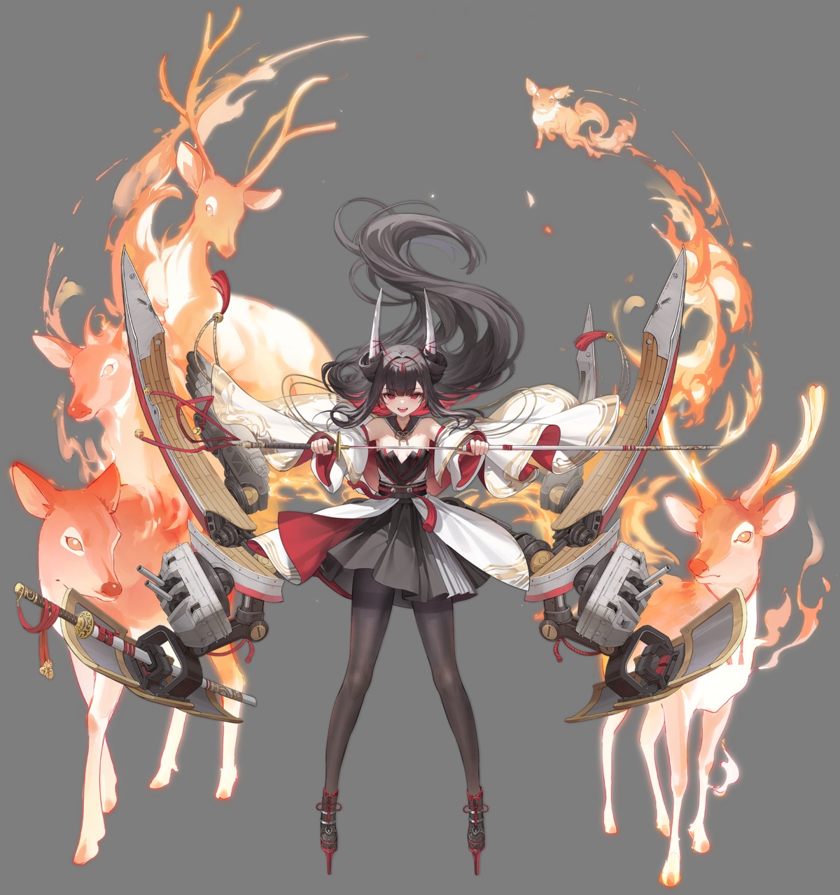azur_lane, hatsuzuki_(azur_lane), heels, horns, japanese_clothes, nekojira, no_bra, pantyhose, transparent_png, weapon