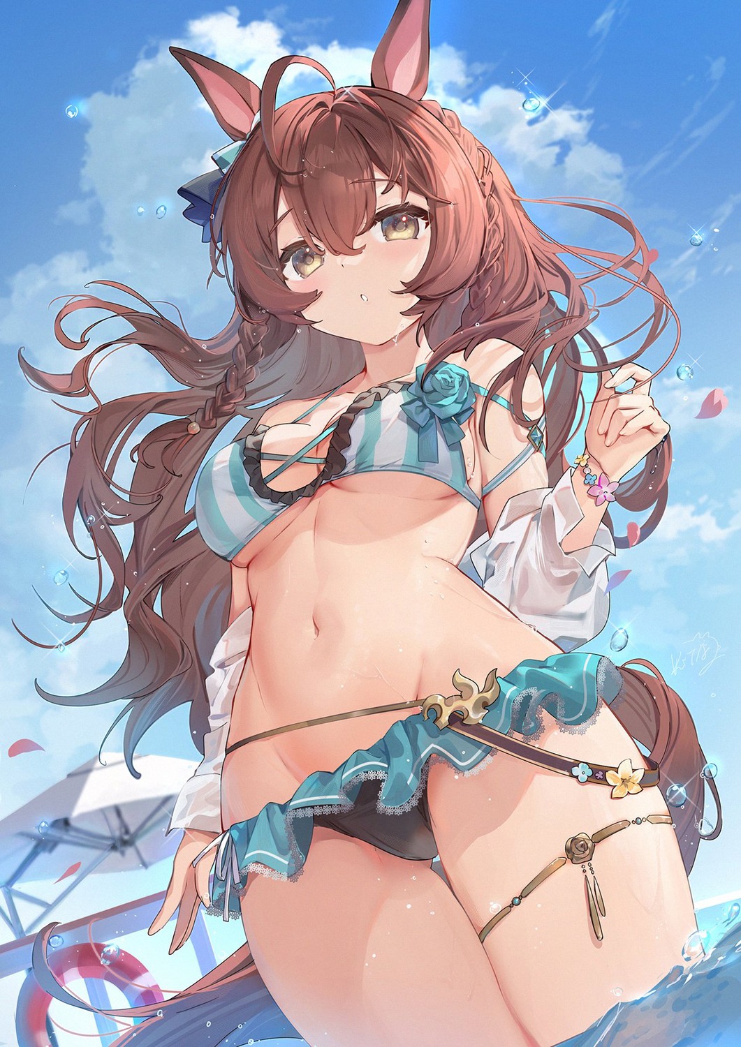 animal_ears, bikini, garter, kita_(kitairoha), mejiro_bright_(umamusume), see_through, swimsuits, tail, uma_musume_pretty_derby, wet