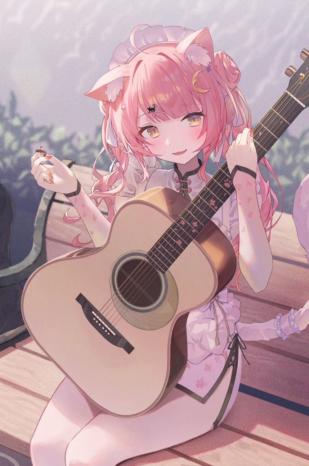 animal_ears, chinadress, guitar, indie_virtual_youtuber, jebura, maid, munmosshu, nekomimi