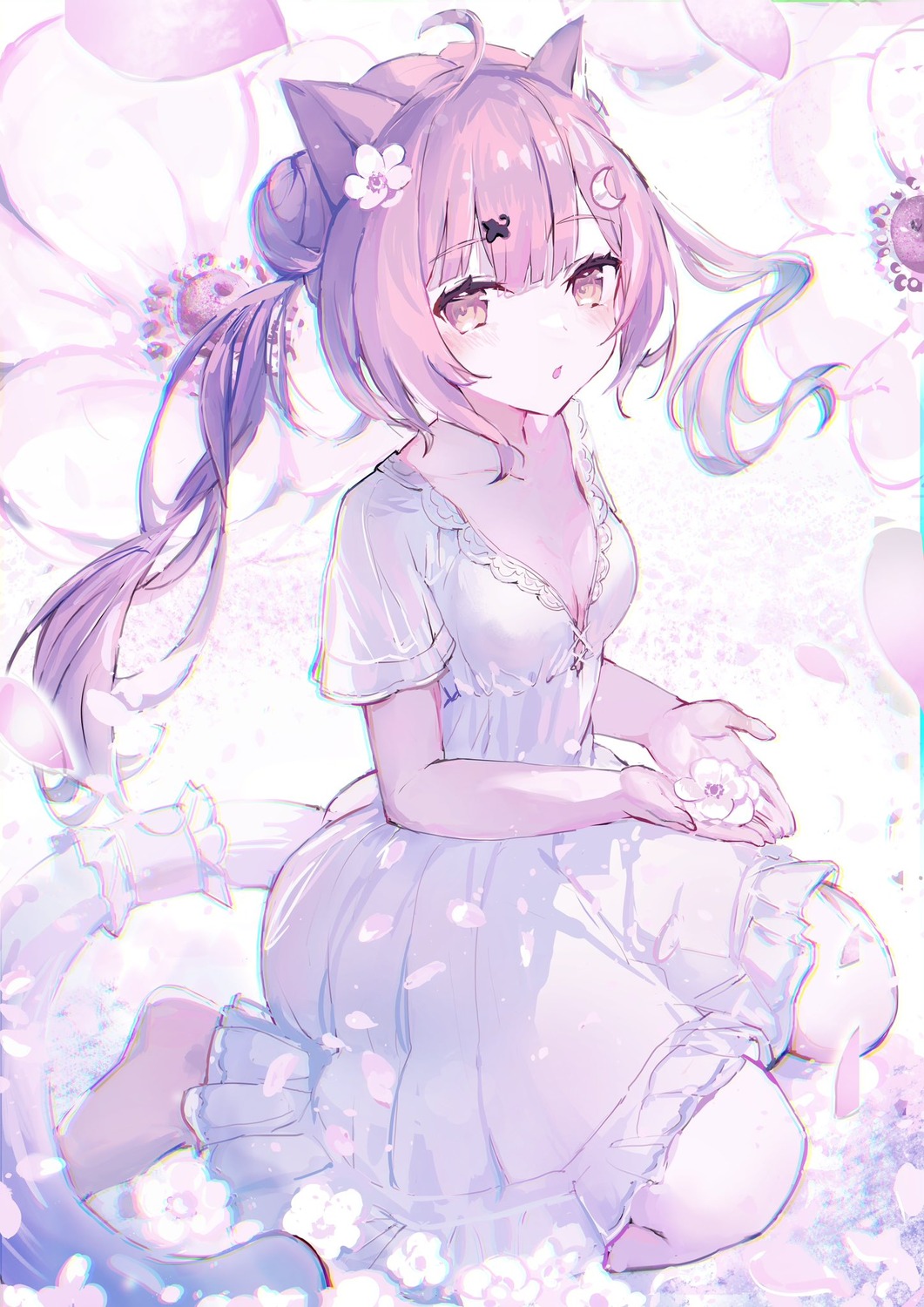 animal_ears, cleavage, dress, indie_virtual_youtuber, munmosshu, nekomimi, no_bra, see_through