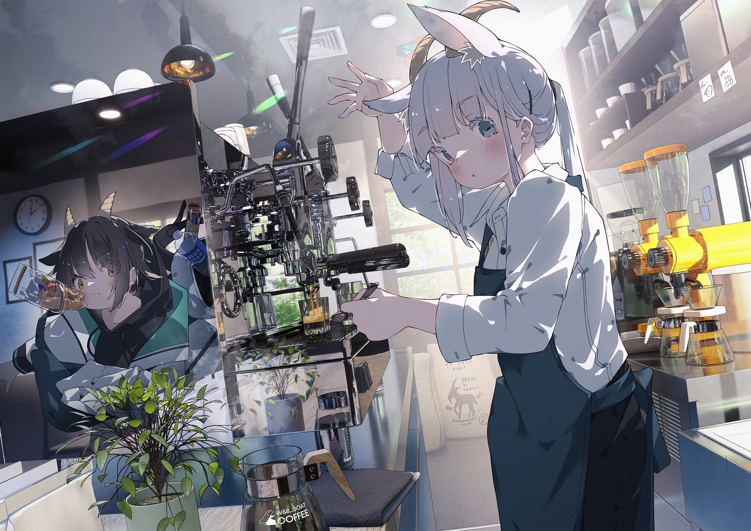 animal_ears, hoji_(hooooooooji1029), horns, waitress